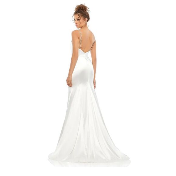 Mac Duggal NWT size 4 white Charmeuse Rhinestone Strap Trumpet Gown style 12428